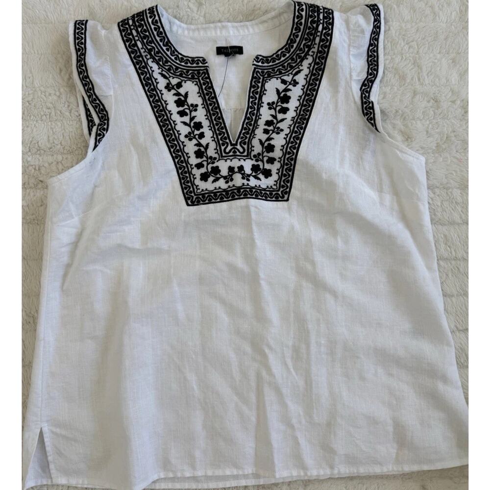Talbots White Linen Cotton Embroidered Tunic Sleeveless Blouse Women's M